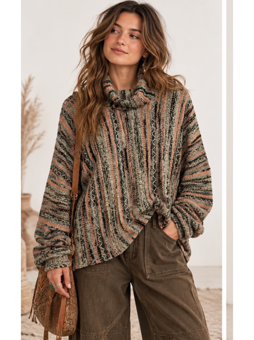 Knox Rose Multicolor Striped Cowl Neck Boho Earthy Whimsy Knit Sweater Medium
